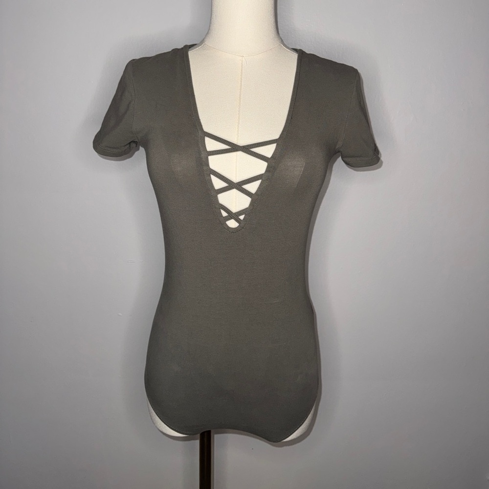 Deep V-Neck Crisscross Bodysuit - Olive Green